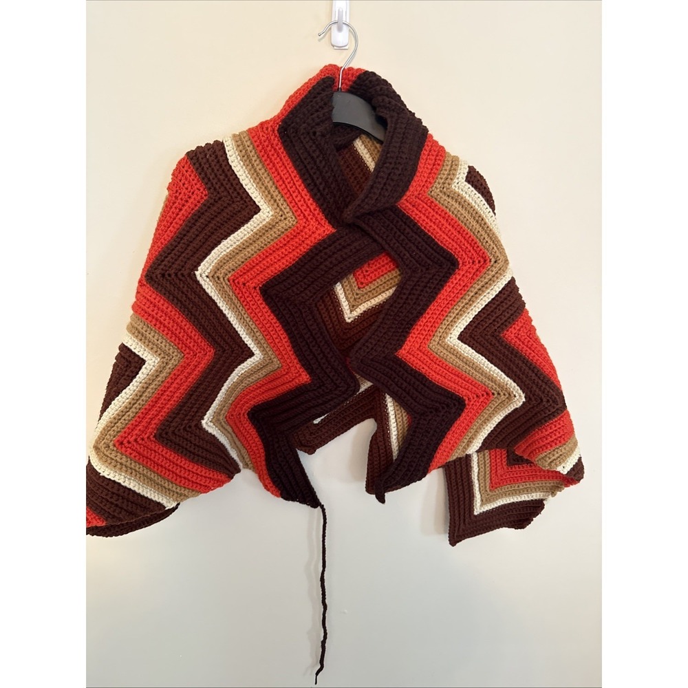 Crochet Afghan Blanket Shawl Brown Fall Colors Chevron 44x26